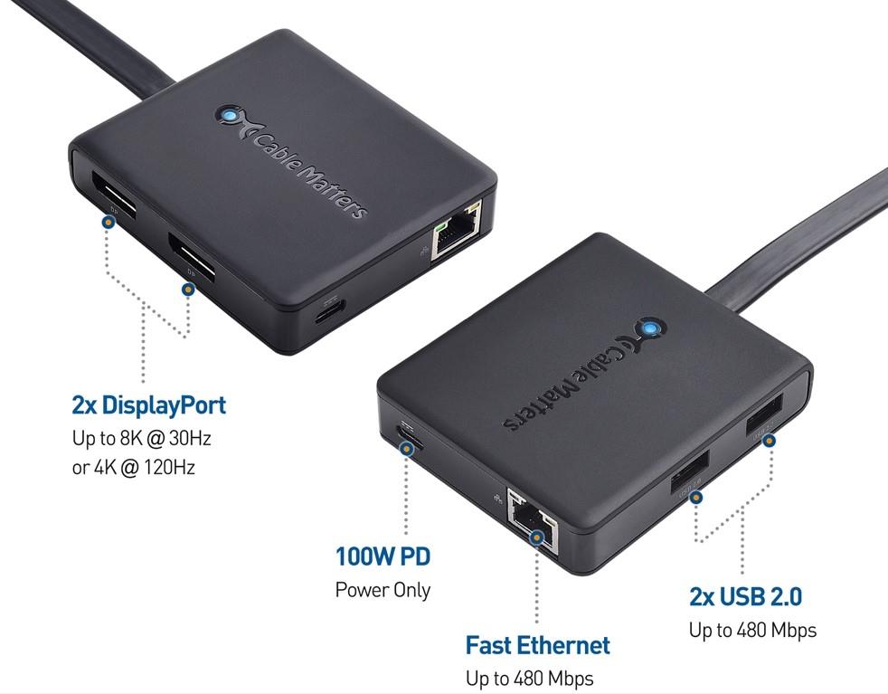 Adaptador Multipuerto Cable Matters USB-C con DisplayPort dual y PD (201355-BLK)