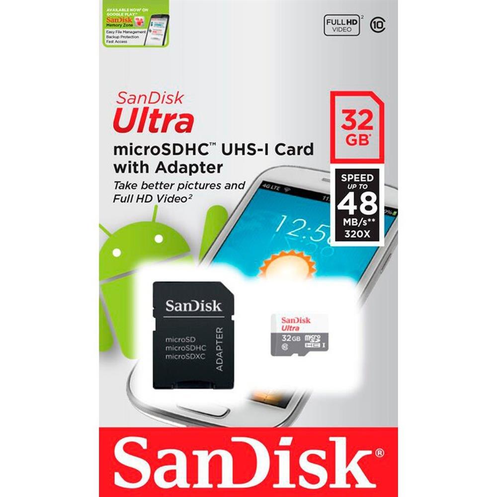 Memoria SanDisk Ultra Micro SDHC 16GB Clase 10 48MB/s con adaptador SD