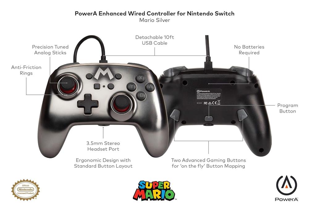 Gamepad PowerA Wired Enhanced Nintendo Switch: Mario Silver